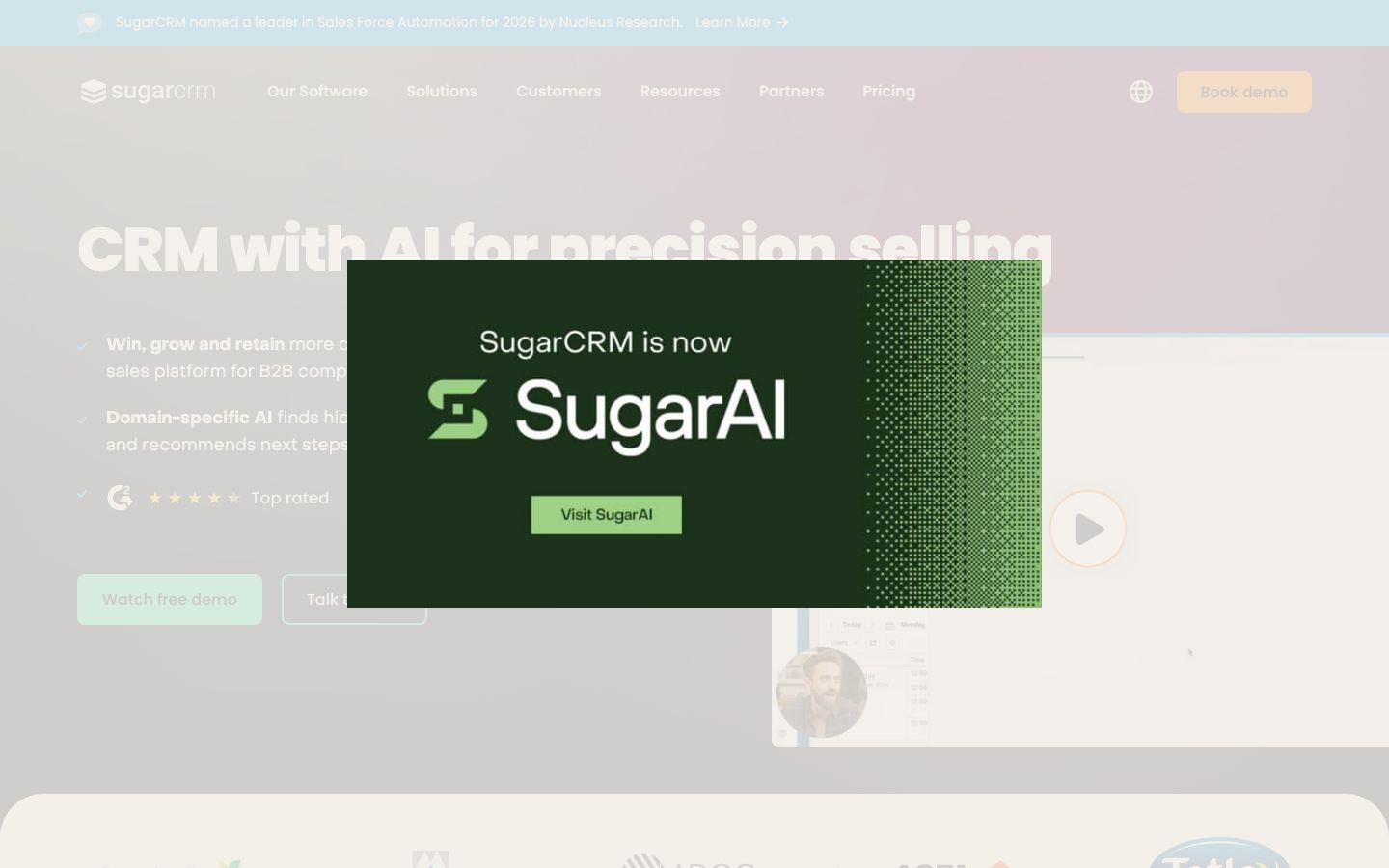 Screenshot del sito di SugarCRM