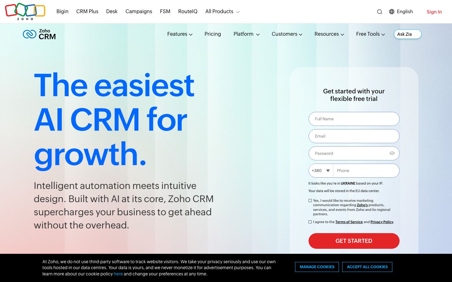 Screenshot del sito di Zoho CRM